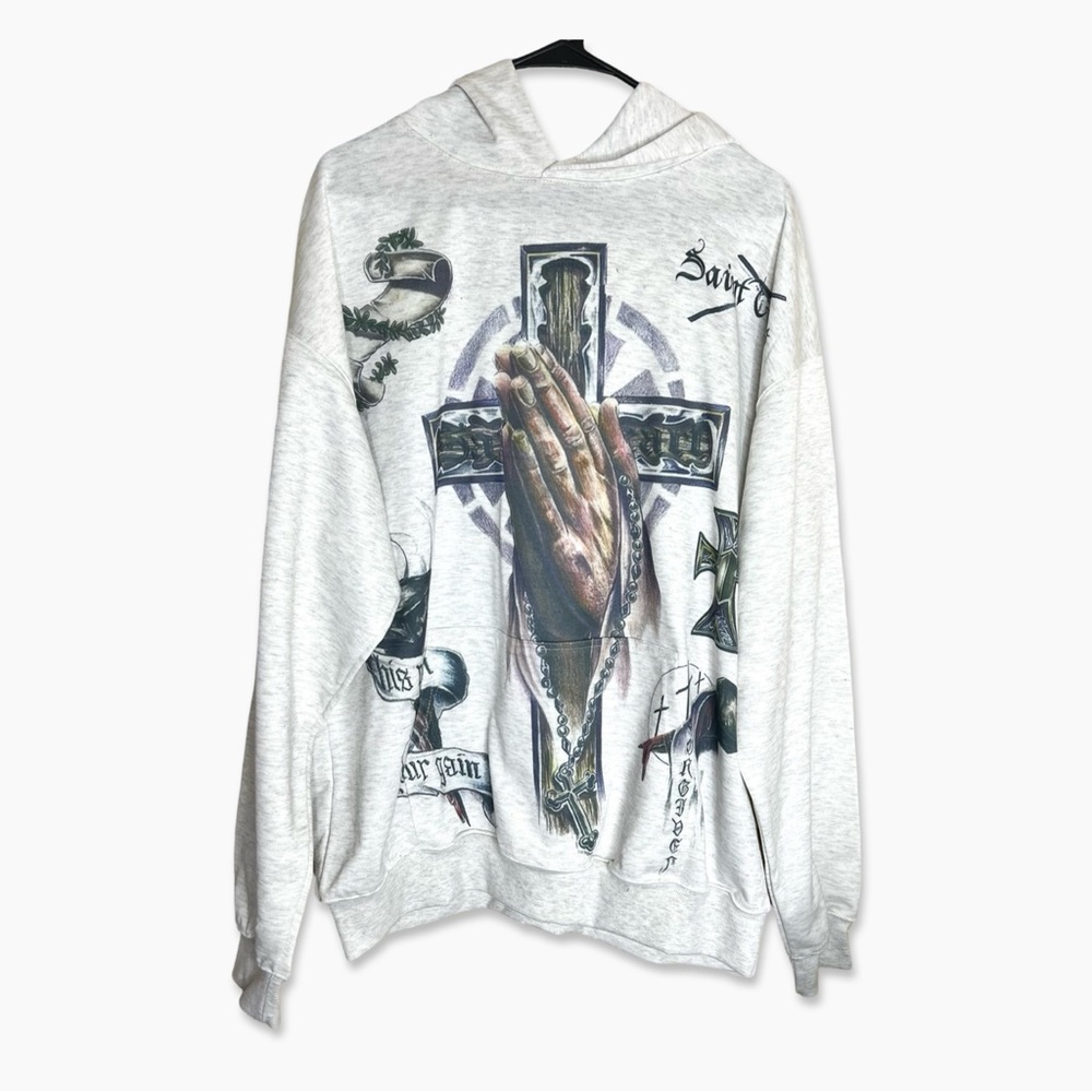 Saint Tears Hooded Sweatshirt Size Large Cotton Crosses Palms GUC